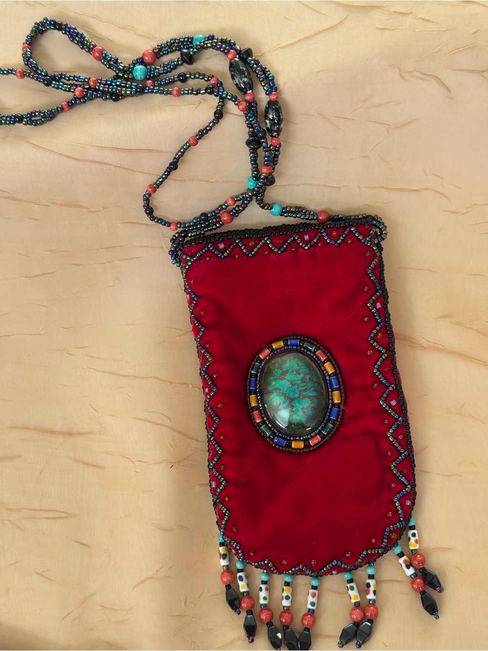 Vintage Boho Beaded Velvet Pouch Crossbody Bag Red Turquoise Green Cabochon